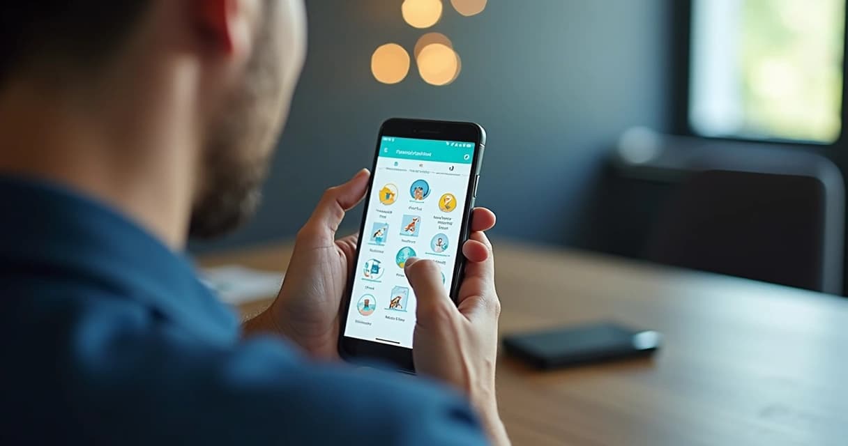 Usuário segura um smartphone exibindo a tela inicial de um aplicativo com ícones de funções organizados em grade