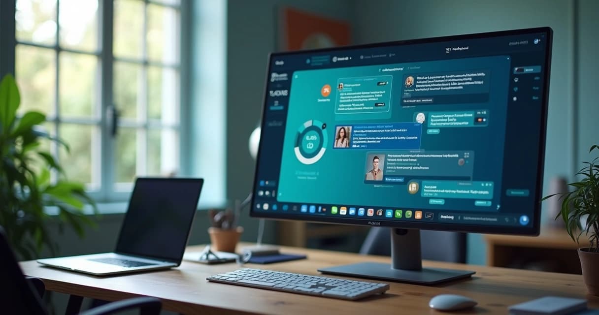 Monitor sobre uma mesa de escritório exibe um painel com várias conversas de chat e avatares de usuários