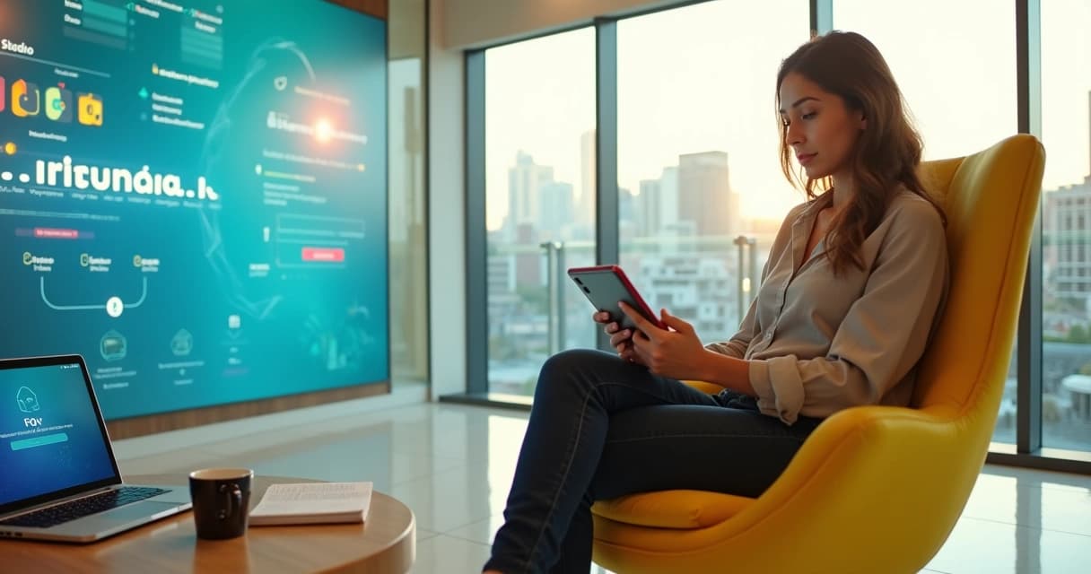 Profissional sentada em uma poltrona amarela consulta um tablet, com telas de interface de software projetadas ao fundo do escritório