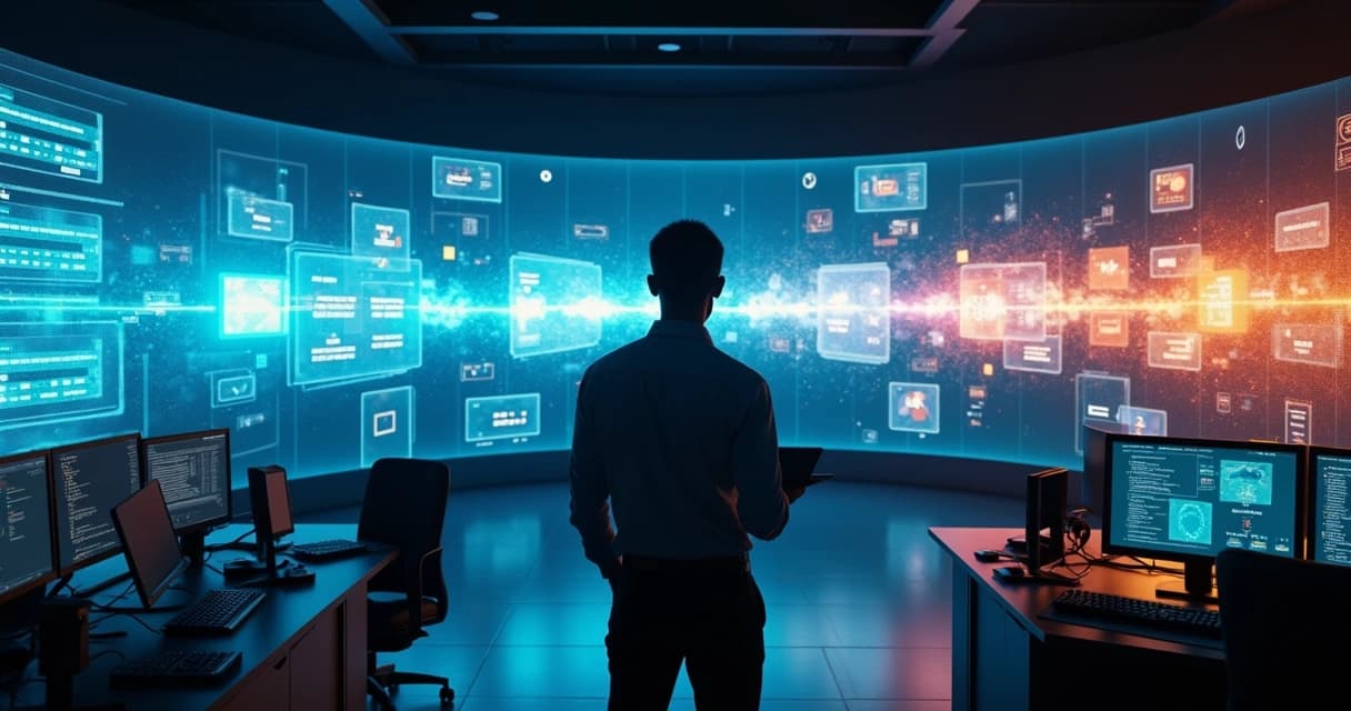 Professional seen from behind facing a curved wall of screens showing data and connected systems in a dark control room