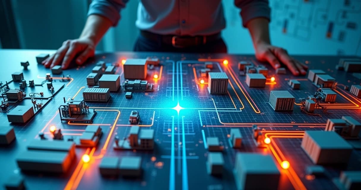 Professional leaning over a digital model of an operation with congestion points lit in orange