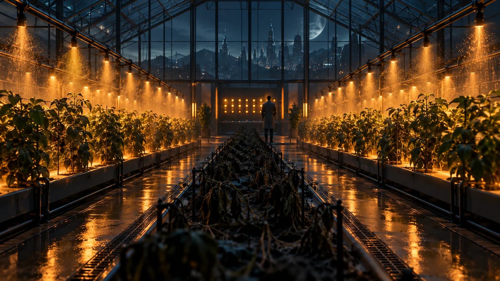 Invernadero de noche con hileras de plantas iluminadas en ámbar a ambos lados y, en el pasillo central, una hilera entera marchita, mientras un hombre de espaldas mira un panel de luces al fondo