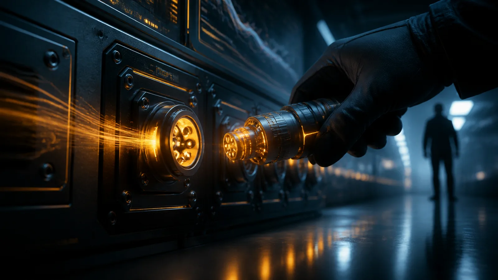 Close de uma mão enluvada encaixando um conector luminoso âmbar numa fileira de portas sobre uma bancada de testes escura, com um engenheiro desfocado ao fundo