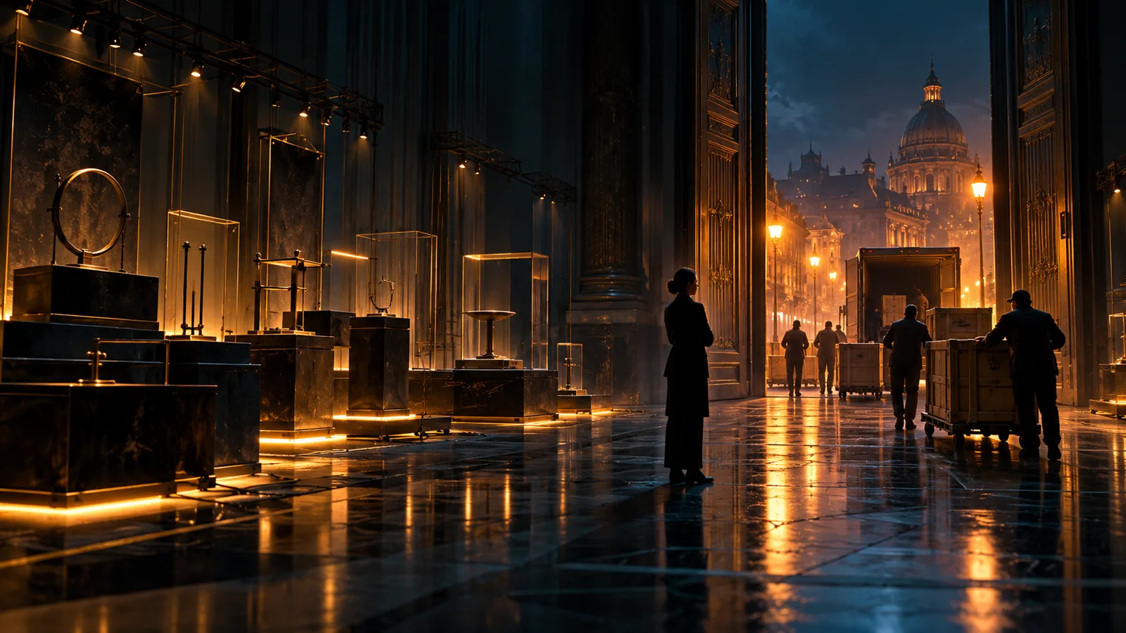 Grand hall at night with empty display plinths and glass cases, while workers wheel crates out through an open doorway toward a lit square with a domed building, watched by a woman in silhouette