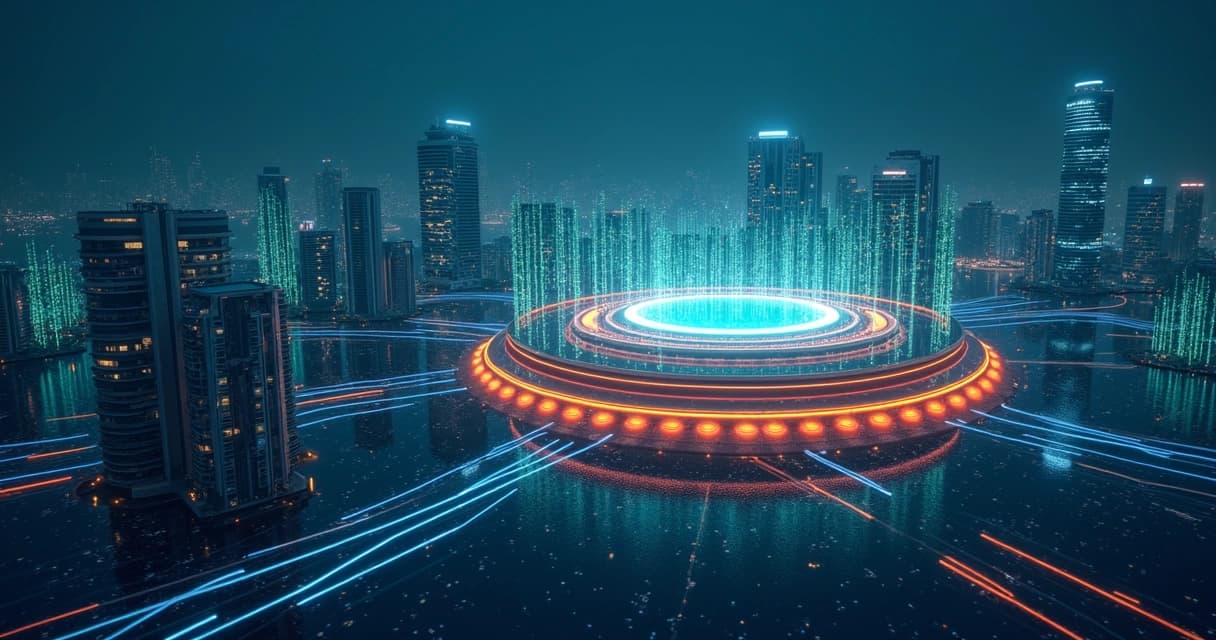 Ilustração futurista de uma cidade à noite com um núcleo de dados circular e luminoso ao centro, conectado aos prédios por feixes de luz