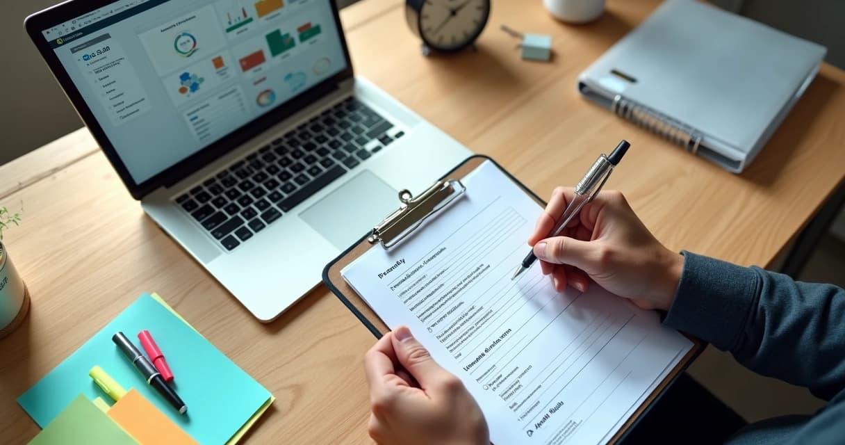 Pessoa preenche um checklist em prancheta ao lado de um notebook com dashboard de indicadores na tela