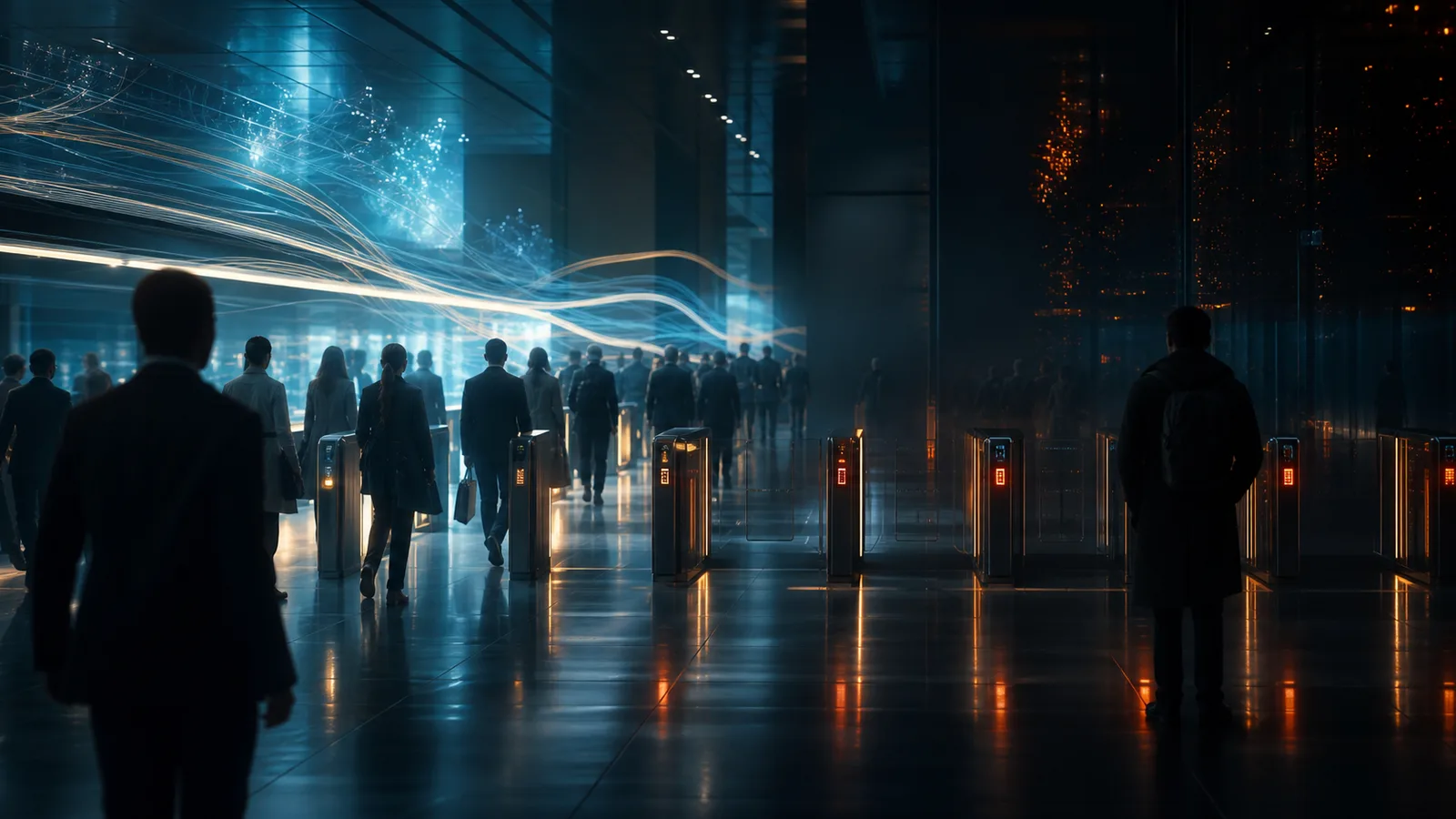 Saguão de metrô à noite com um fluxo luminoso de passageiros atravessando catracas abertas em azul, enquanto algumas catracas à direita permanecem travadas em vermelho e âmbar, com pessoas paradas diante delas