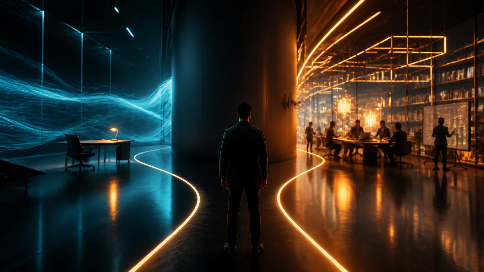 Piso escuro e reflexivo se dividindo em dois caminhos de luz: à esquerda uma mesa solitária diante de uma parede azul de dados, à direita um time reunido sob luminárias âmbar, com uma pessoa de costas parada na bifurcação