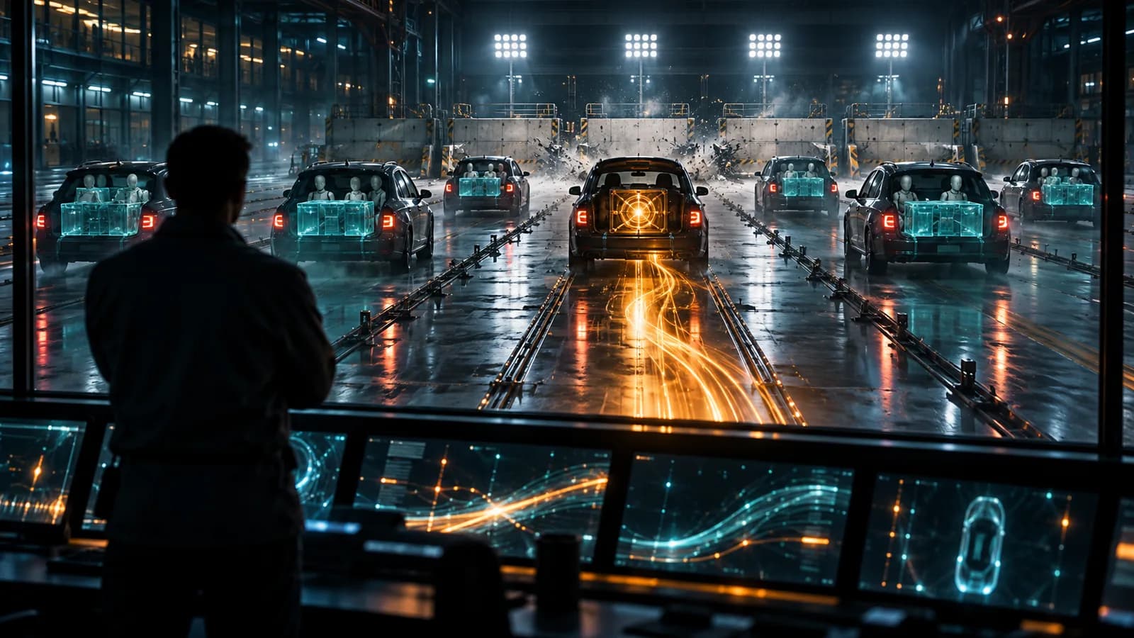 Salão de testes de colisão à noite, visto por um engenheiro de costas atrás de uma janela de observação, com carros levando bonecos e caixas translúcidas em luz teal rumo a uma barreira, enquanto um deles deixa um rastro de luz âmbar na pista