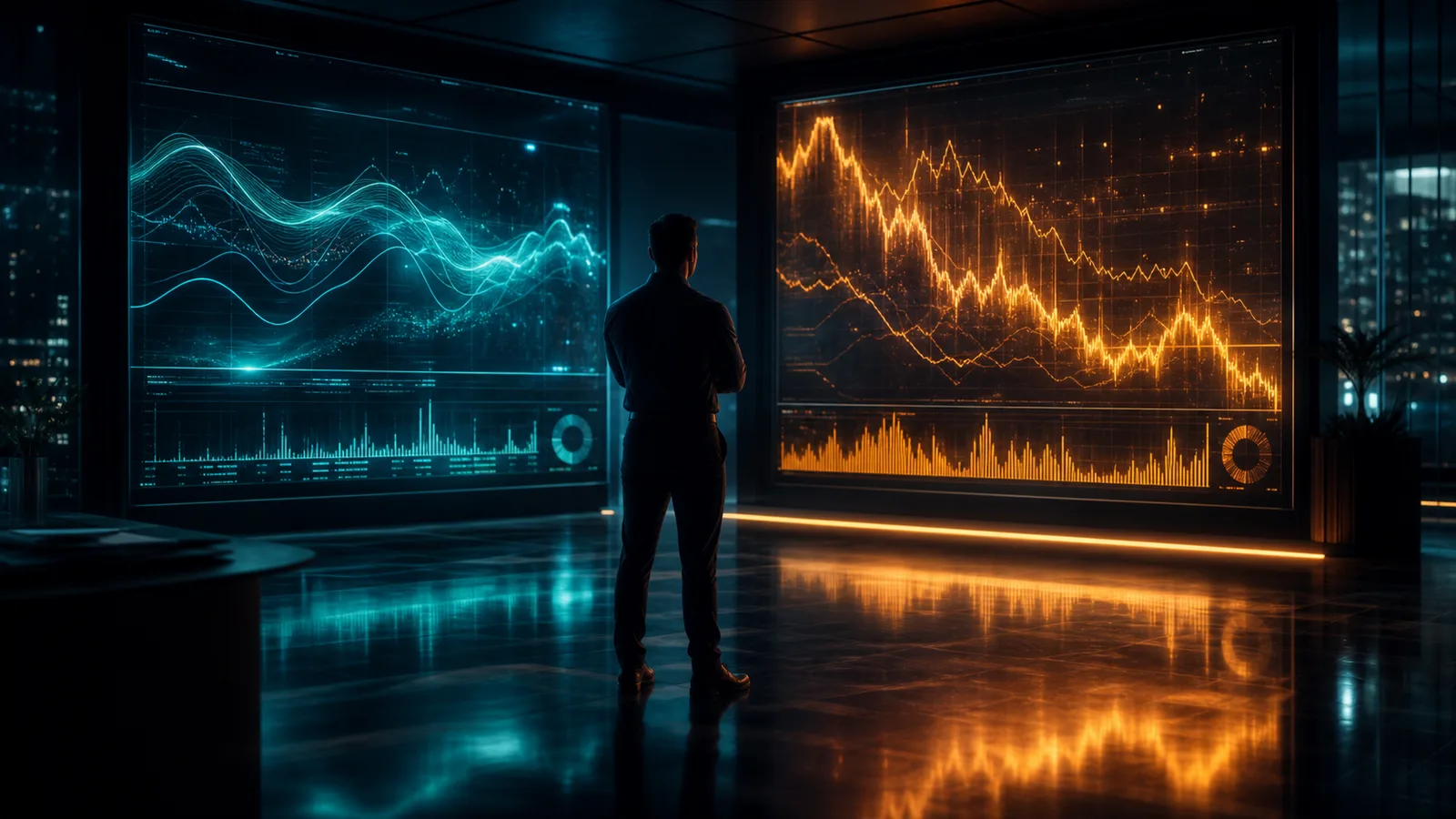Sala de análise escura com dois grandes painéis lado a lado mostrando curvas que se contradizem, uma em azul frio e outra em âmbar, e um gestor de costas parado entre as duas telas