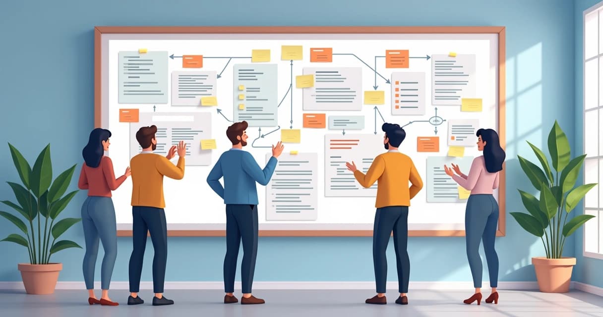 Ilustração de equipe reunida diante de quadro branco com documentos, notas adesivas e diagramas de fluxo conectados