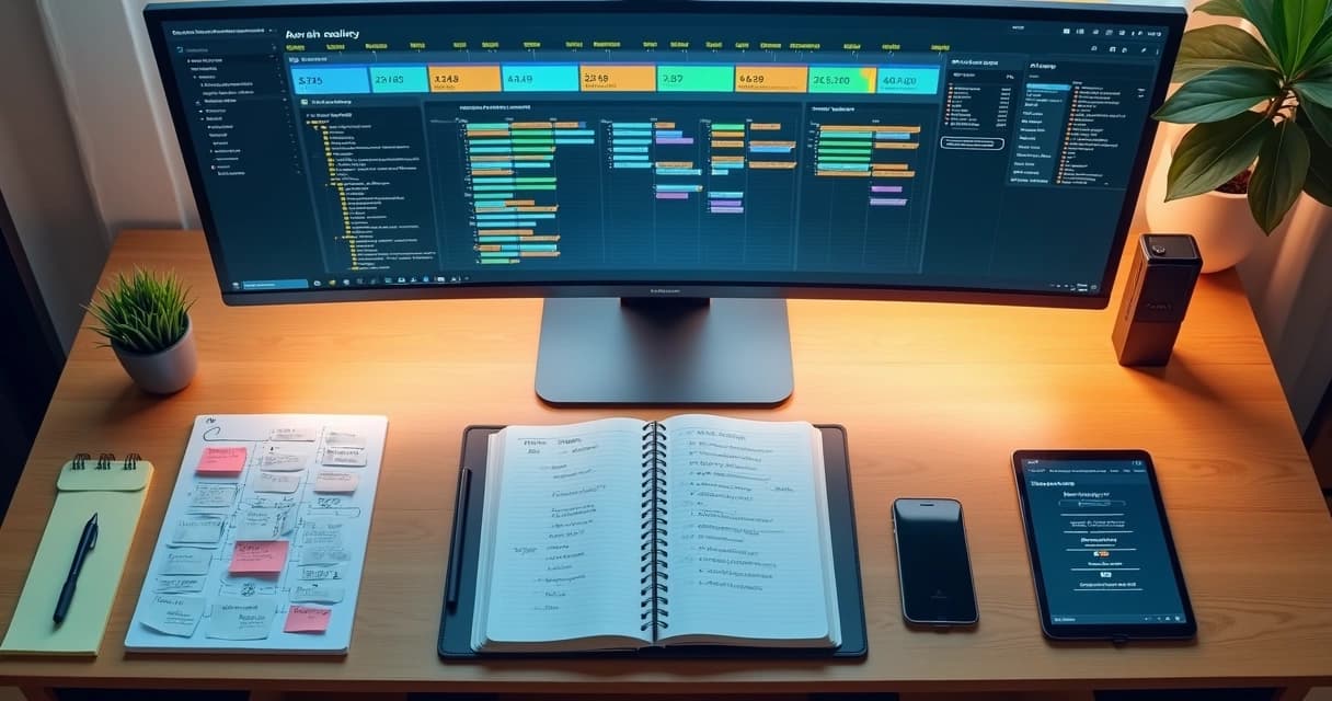 Mesa de trabalho com monitor exibindo linha do tempo de automações, caderno de anotações aberto e fluxograma em papel com notas adesivas