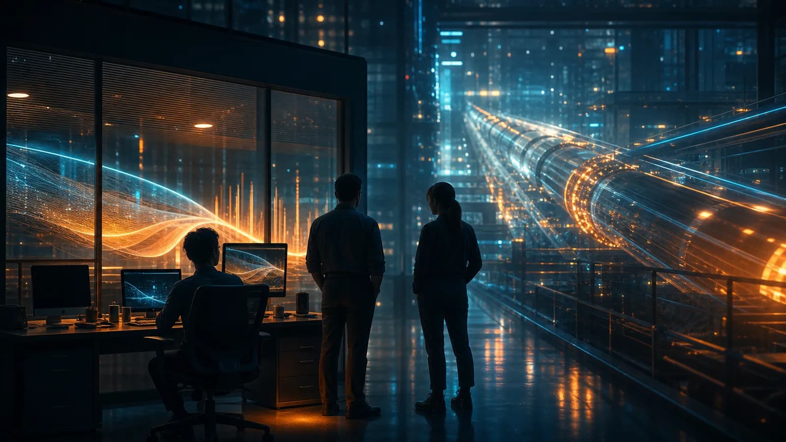 Time de três pessoas num escritório modesto à noite, de costas, enquanto um enorme duto luminoso de dados em âmbar e azul se estende ao infinito do lado de fora do vidro