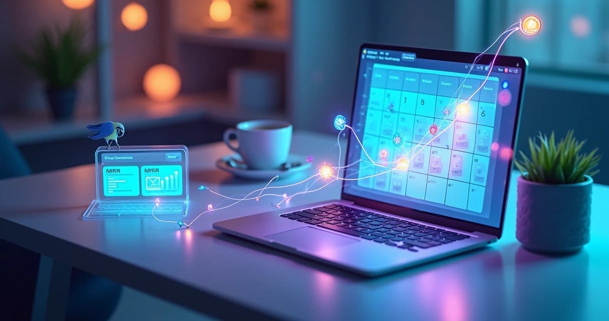 Notebook exibe um calendário de cobranças conectado por linhas de luz a ícones de pagamento, ao lado de um painel translúcido com métricas de receita recorrente
