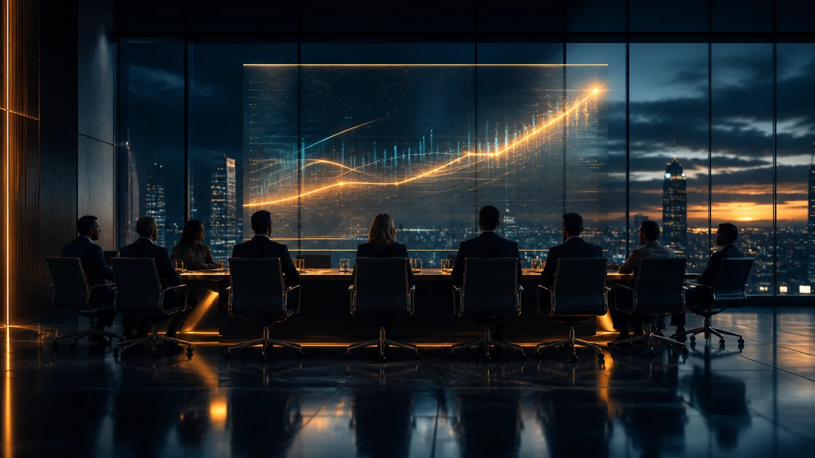 Sala de reunião ao entardecer vista de trás, com executivos sentados ao redor de uma mesa longa diante de um painel translúcido onde uma curva de retorno sobe em âmbar sobre gráficos azulados, e a cidade acesa pelas janelas