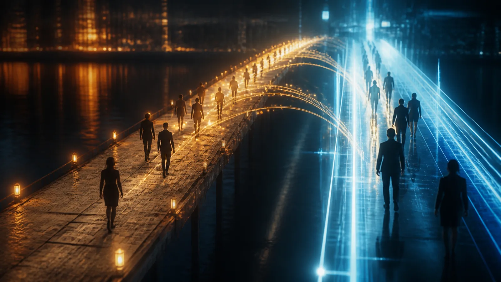 Duas pontes paralelas sobre água escura à noite, uma antiga de tábuas iluminada por lampiões âmbar e outra nova feita de luz azul, com pessoas de costas atravessando das duas e arcos luminosos ligando uma à outra