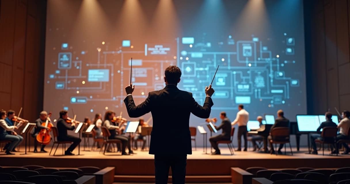 Maestro rege uma orquestra diante de um telão com diagramas de sistemas, representando a coordenação entre TI e negócio