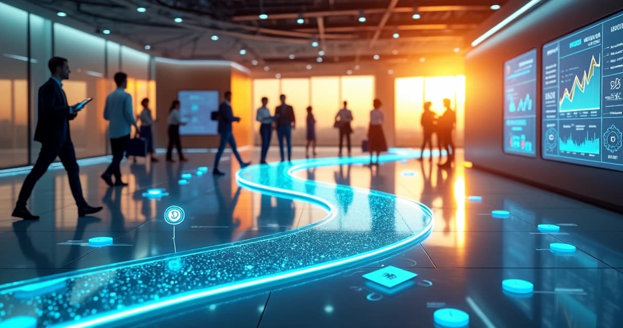 Escritório futurista com um caminho luminoso desenhado no chão entre pessoas caminhando e painéis de indicadores nas paredes