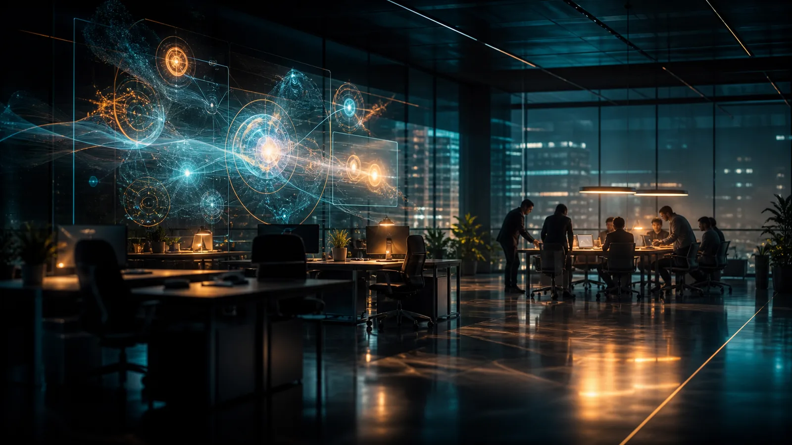 Escritório aberto à noite com uma grande interface luminosa em azul e âmbar flutuando sobre mesas vazias, enquanto o time se reúne afastado numa mesa iluminada ao fundo, de costas para o sistema