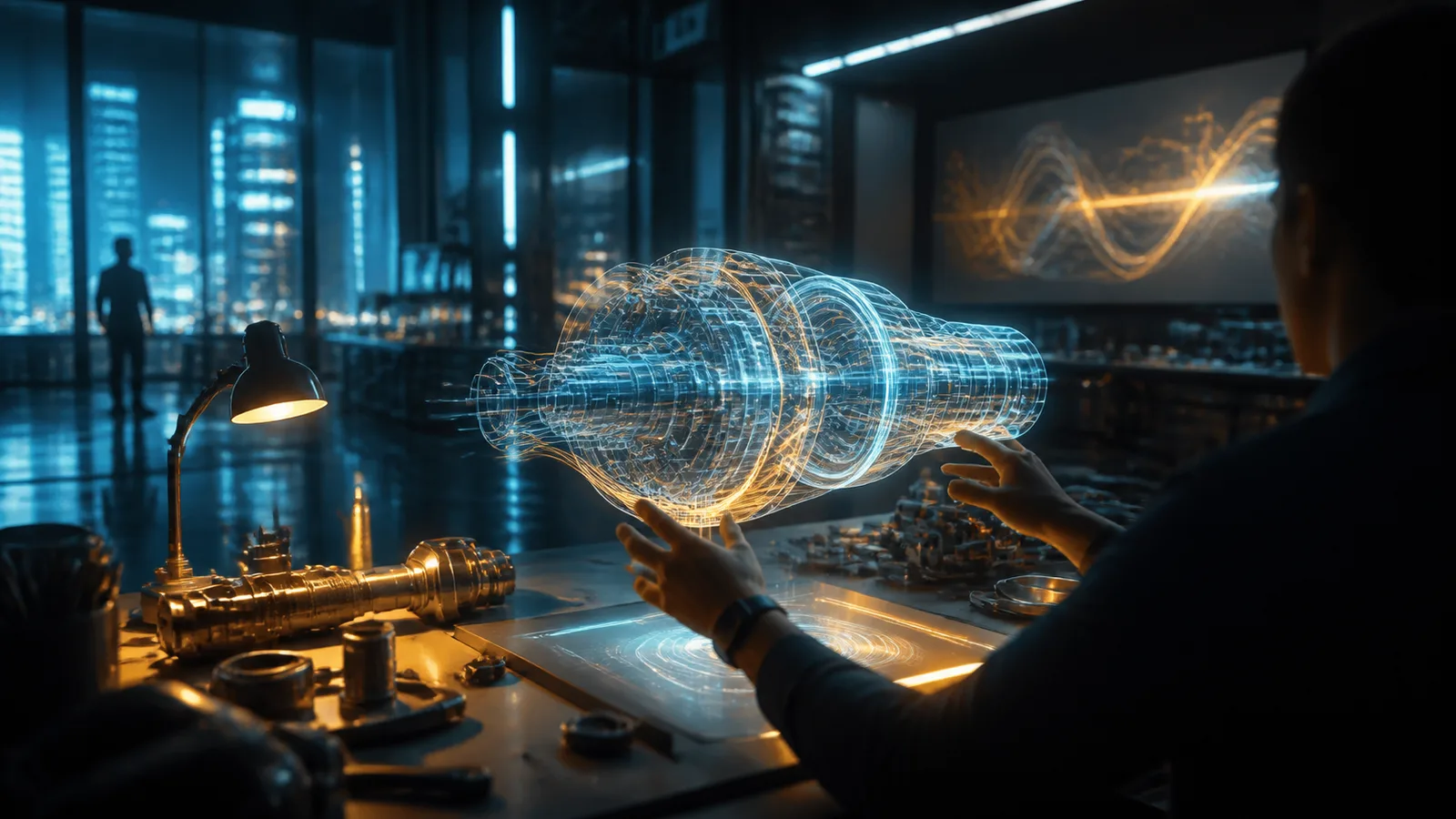 Bancada de engenharia à noite com um protótipo translúcido em azul flutuando sobre a mesa, peças metálicas iluminadas em âmbar ao lado e um engenheiro de perfil ajustando o modelo com a mão