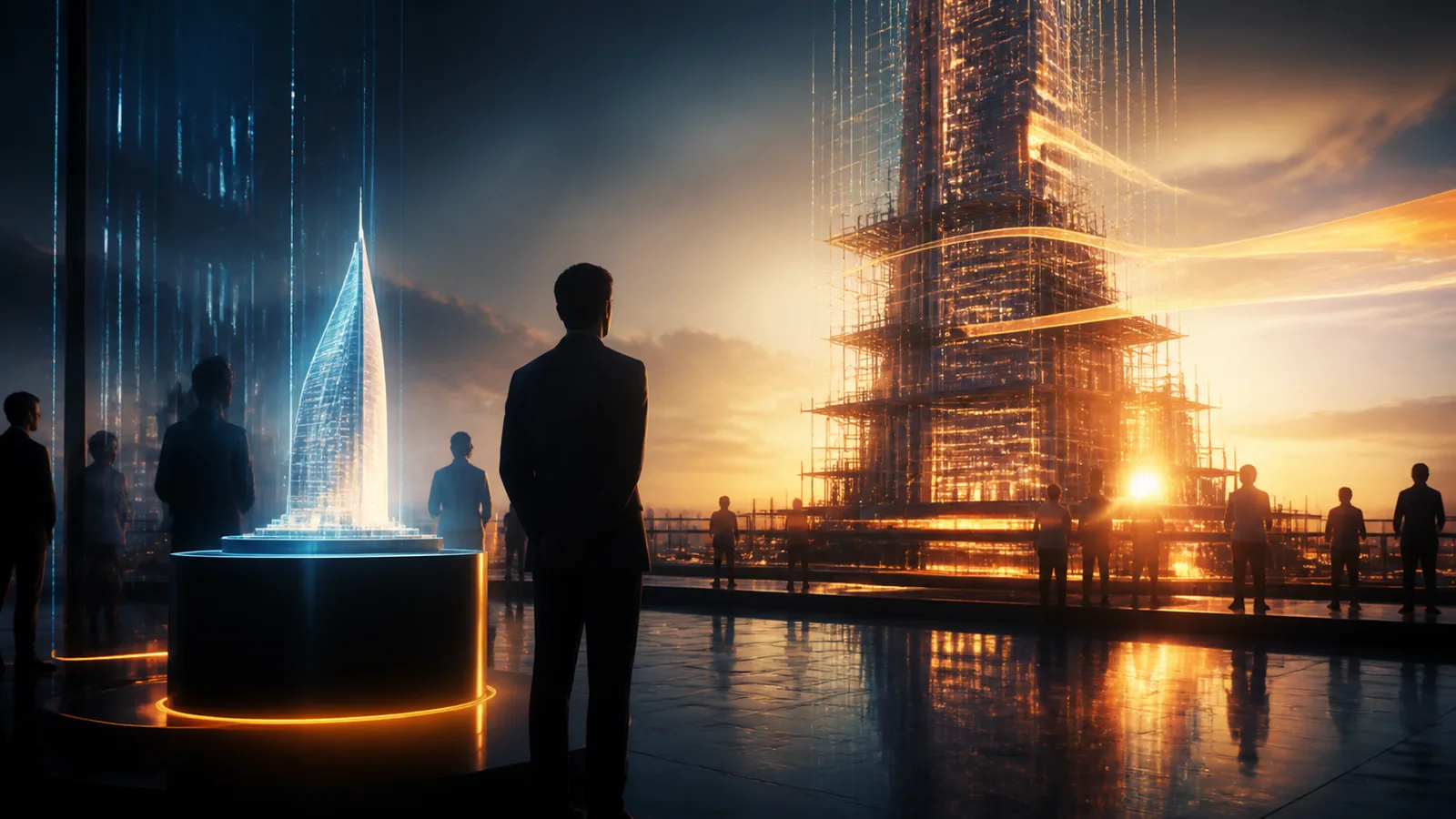Pequeno protótipo luminoso sobre um pedestal circular ao lado de uma estrutura em escala real erguida em andaimes iluminados, com pessoas de costas observando as duas ao entardecer