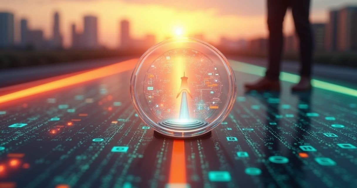 Futuristic compass resting on a road covered in digital data, with buildings and a sunset in the background