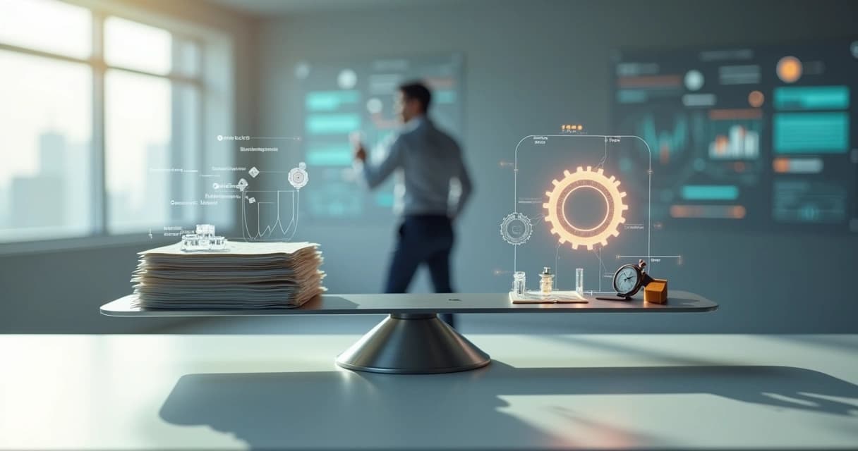 Balança sobre mesa de escritório equilibrando uma pilha de documentos em papel de um lado e engrenagens e relógio holográficos do outro