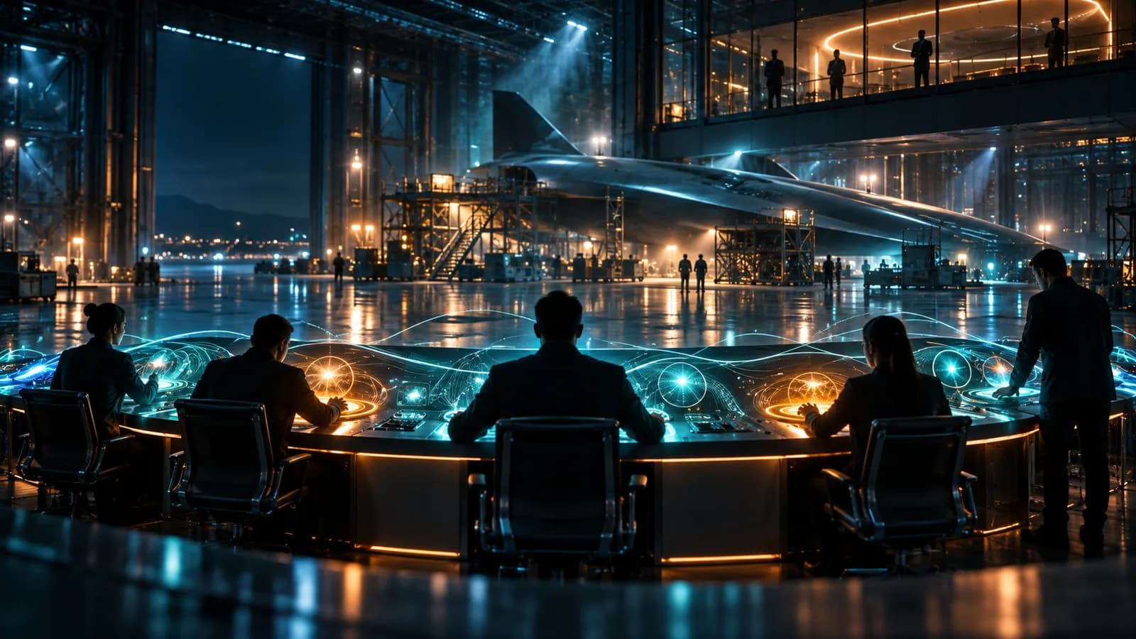 Industrial hangar at night with an aircraft in the background, while a group of people, seen from behind, works at a curved desk of teal screens with amber details and others watch from an overhead walkway
