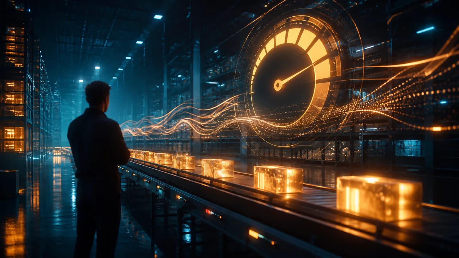 Galpão à noite com uma esteira de pacotes iluminados em âmbar correndo pelo centro e um grande medidor circular luminoso ao fundo, enquanto um operador de costas acompanha a linha