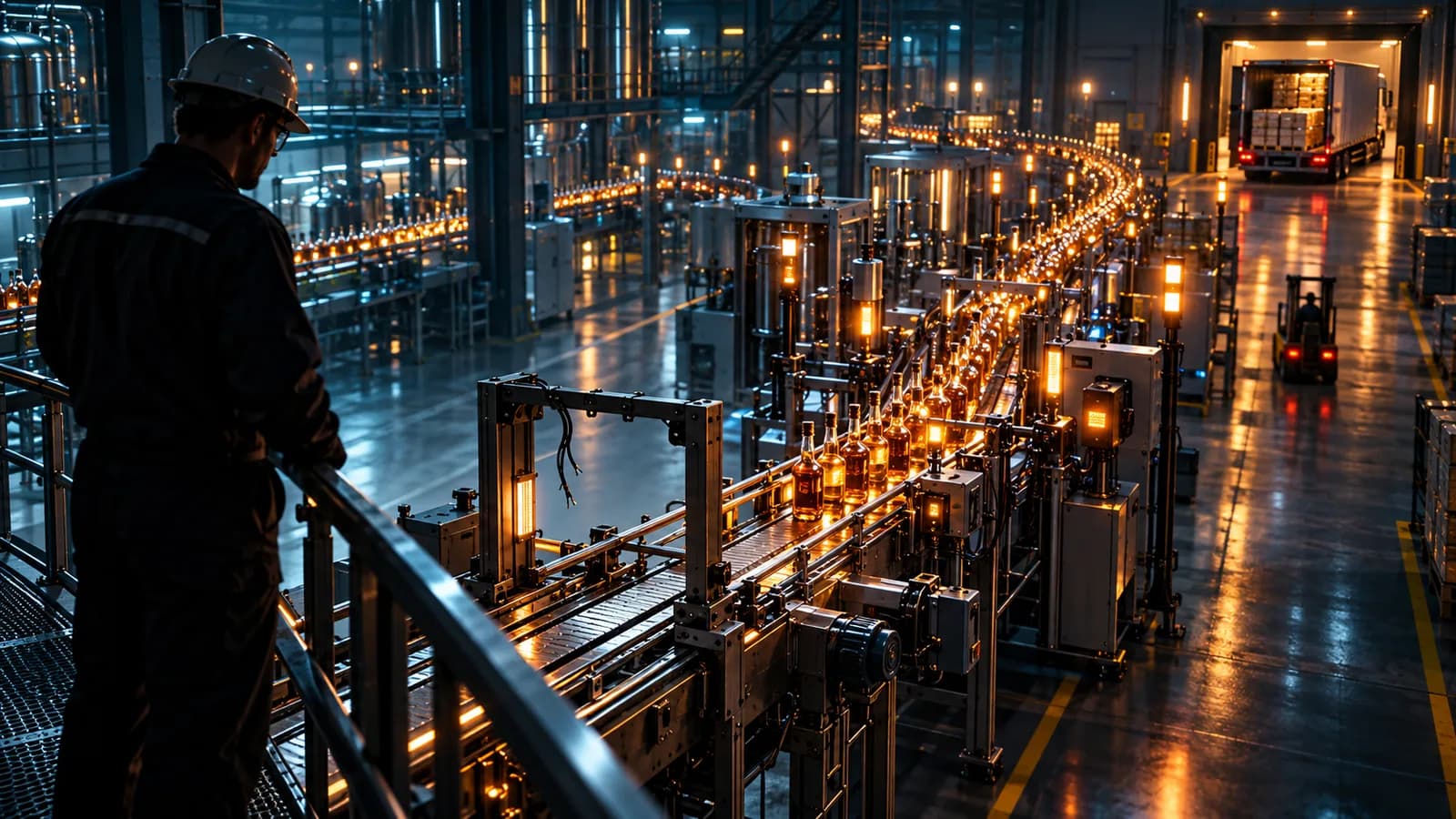 Production line at night with conveyors lit in amber and a forklift in the aisle, watched in profile by a worker in a hard hat leaning on a catwalk railing