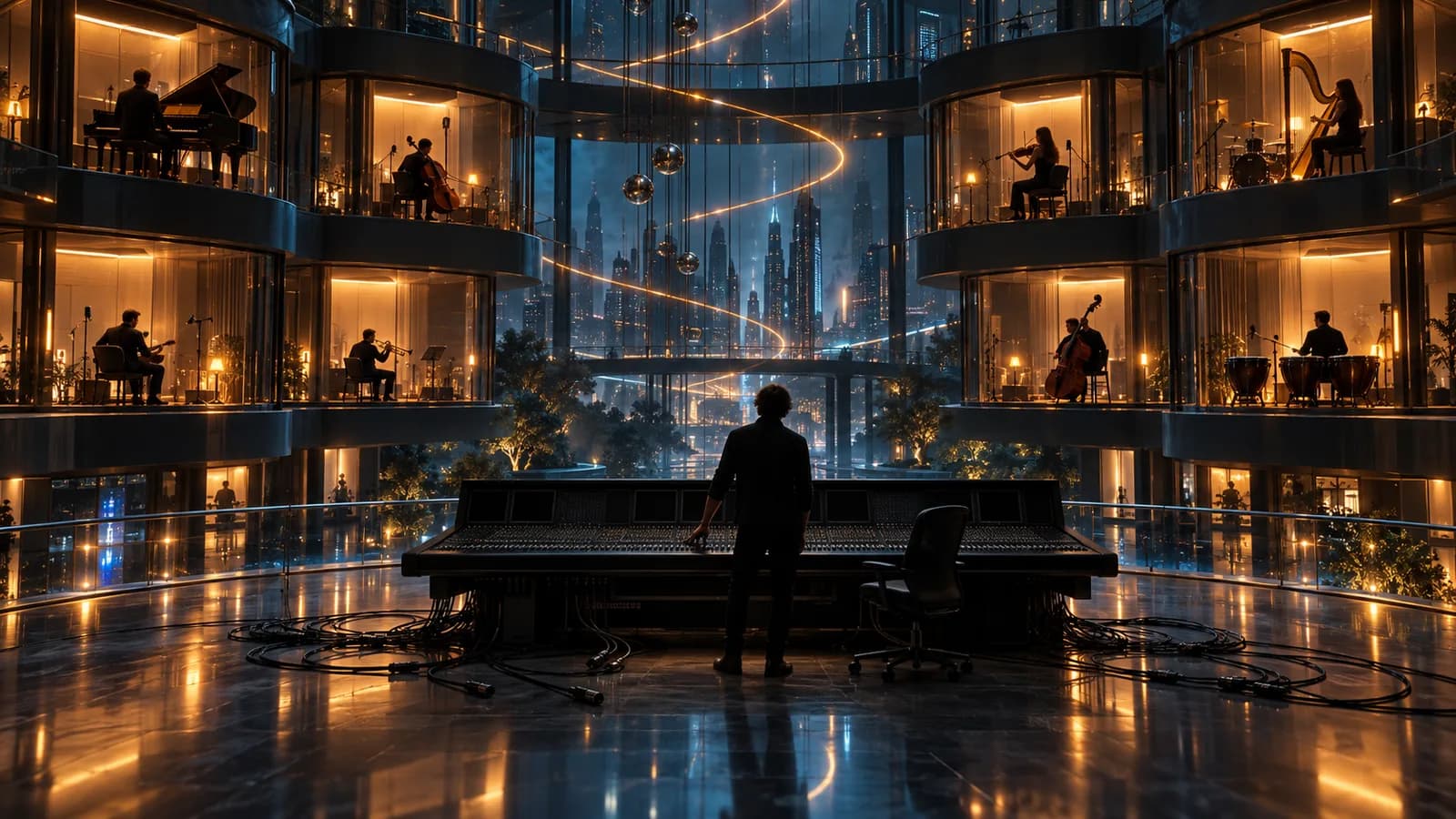 Atrio nocturno de un estudio de grabación rodeado de cabinas de cristal iluminadas en ámbar, cada una con un músico tocando solo, mientras en el centro un ingeniero de sonido de espaldas apoya la mano sobre una gran mesa de mezclas apagada con los cables desconectados en el suelo