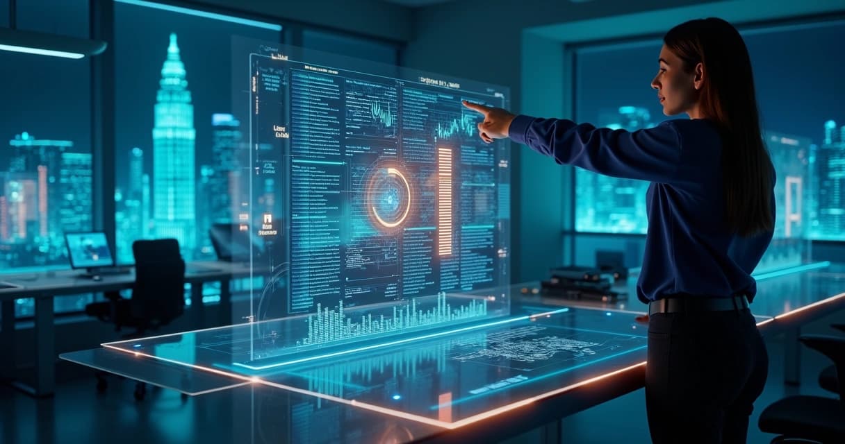 Analista aponta para um painel translúcido com registros de log e gráficos de auditoria em um escritório escuro