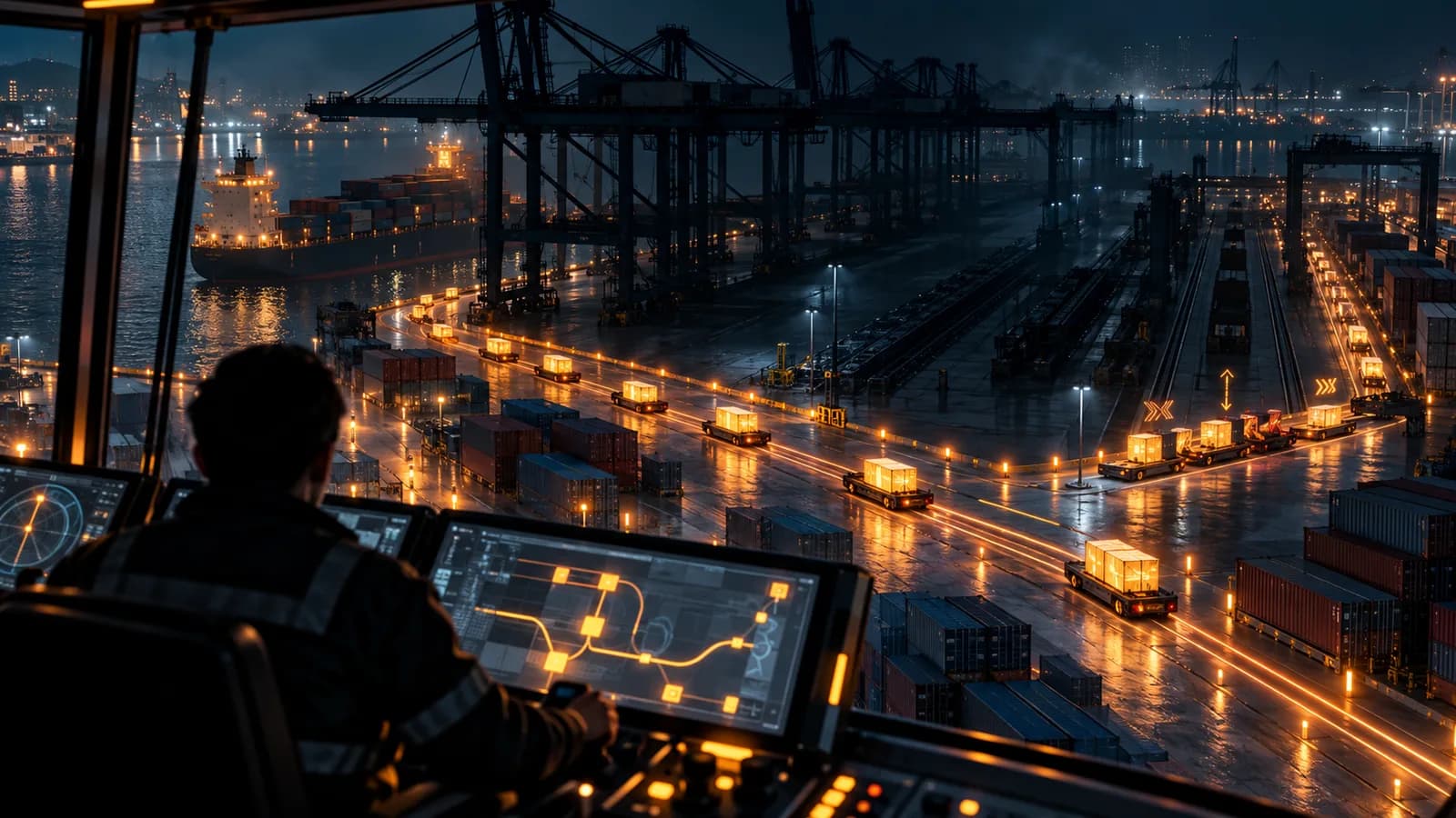 Container port at night seen from a gantry control cabin, where a supervisor watches from behind as amber guide lights route cargo carriers along a secondary path across the wet quay, mirrored on the console screen