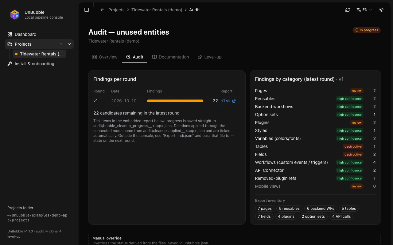Console do UnBubble mostrando a etapa de auditoria do projeto fictício Tidewater Rentals