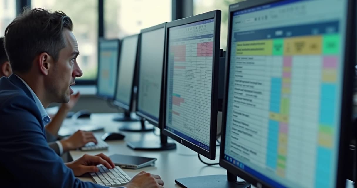 Professional looking startled in front of several monitors showing colorful spreadsheets and misaligned data