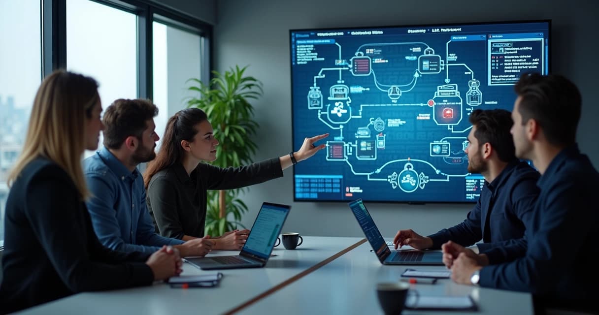 Team in a meeting room reviewing a system flow diagram on a large screen with one failure point highlighted