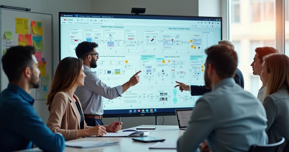 Team in a meeting room pointing at process flowcharts displayed on a large screen
