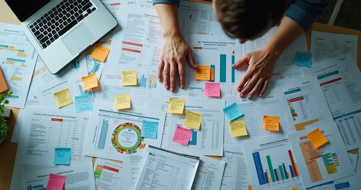 Table covered with printed spreadsheets and sticky notes, two people sorting through the papers