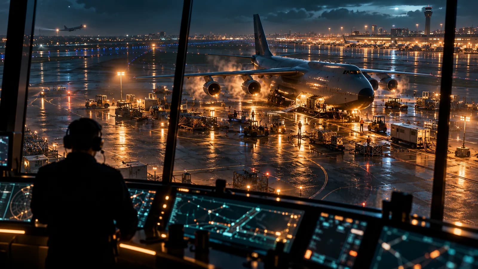 Torre de control de aeropuerto de noche con un controlador con auriculares de espaldas frente a las consolas, observando un avión atendido en la plataforma mojada bajo luz ámbar
