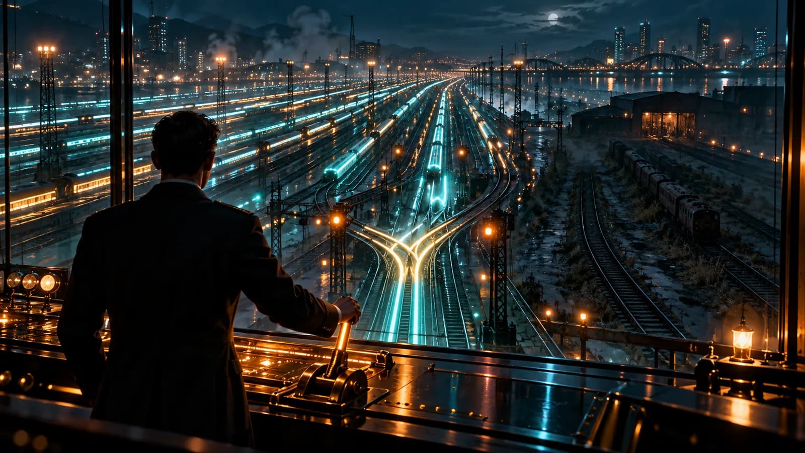 Patio ferroviario de noche con vías de luz azul y ámbar que convergen en un cruce, mientras un hombre de traje de espaldas acciona una palanca de cambio de agujas en una cabina elevada