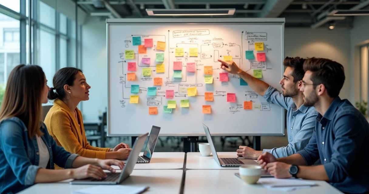 Team gathered in a meeting room in front of a whiteboard with a hand-drawn flowchart and dozens of colored sticky notes, one person pointing at a step