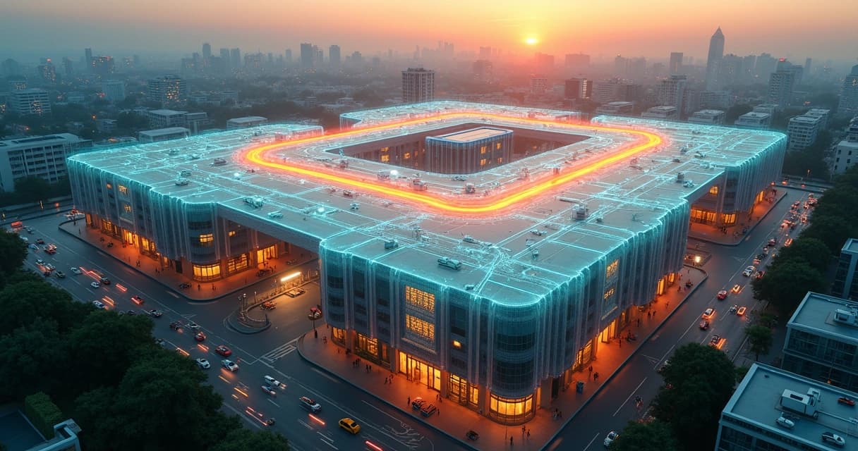 Vista aérea de um complexo de prédios iluminado como uma placa de circuito, com um fluxo de luz laranja percorrendo a estrutura ao entardecer