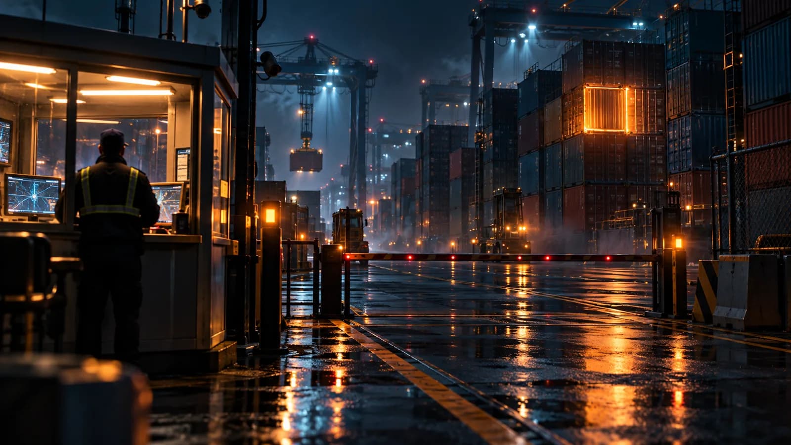 Container terminal at night on wet ground, one container glowing amber in the middle of the stack and a worker in a reflective vest seen from behind in a booth with monitors, next to the gate barrier