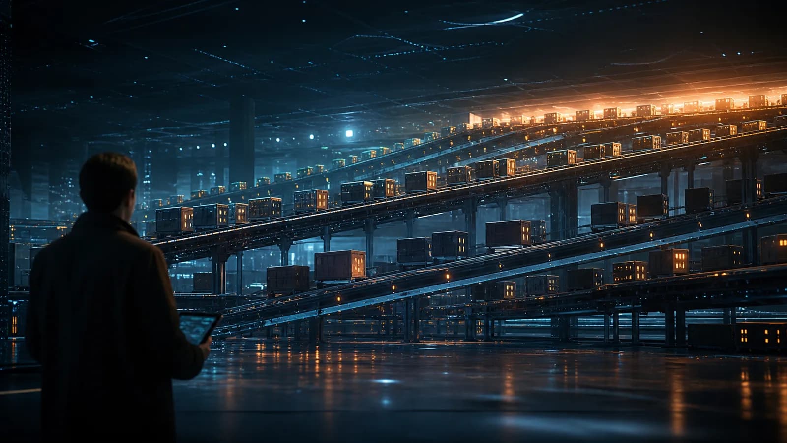 Galpão à noite em que esteiras em vários níveis carregam caixas, com o nível mais alto iluminado em âmbar e congestionado contra o teto enquanto os de baixo seguem livres em luz azul, e uma figura observando em primeiro plano