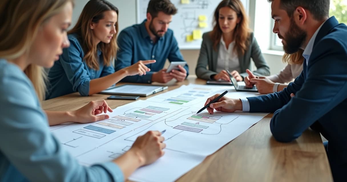 Equipe reunida em volta de uma mesa desenhando fluxogramas de processos à mão em uma folha grande de papel