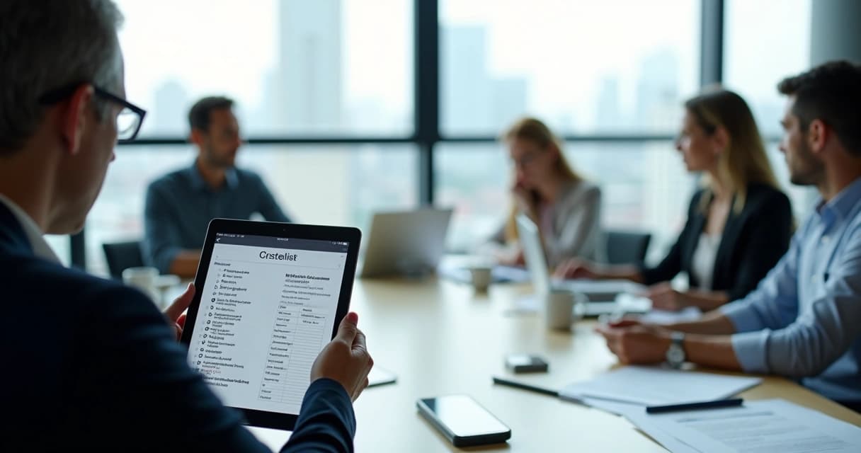 Profissional revisa um checklist digital em tablet durante reunião em sala com vista para a cidade