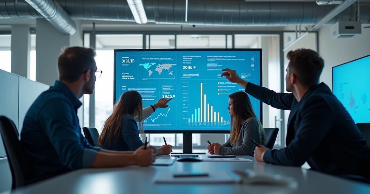 Equipe aponta para um telão com gráficos e indicadores de sistemas durante reunião de revisão