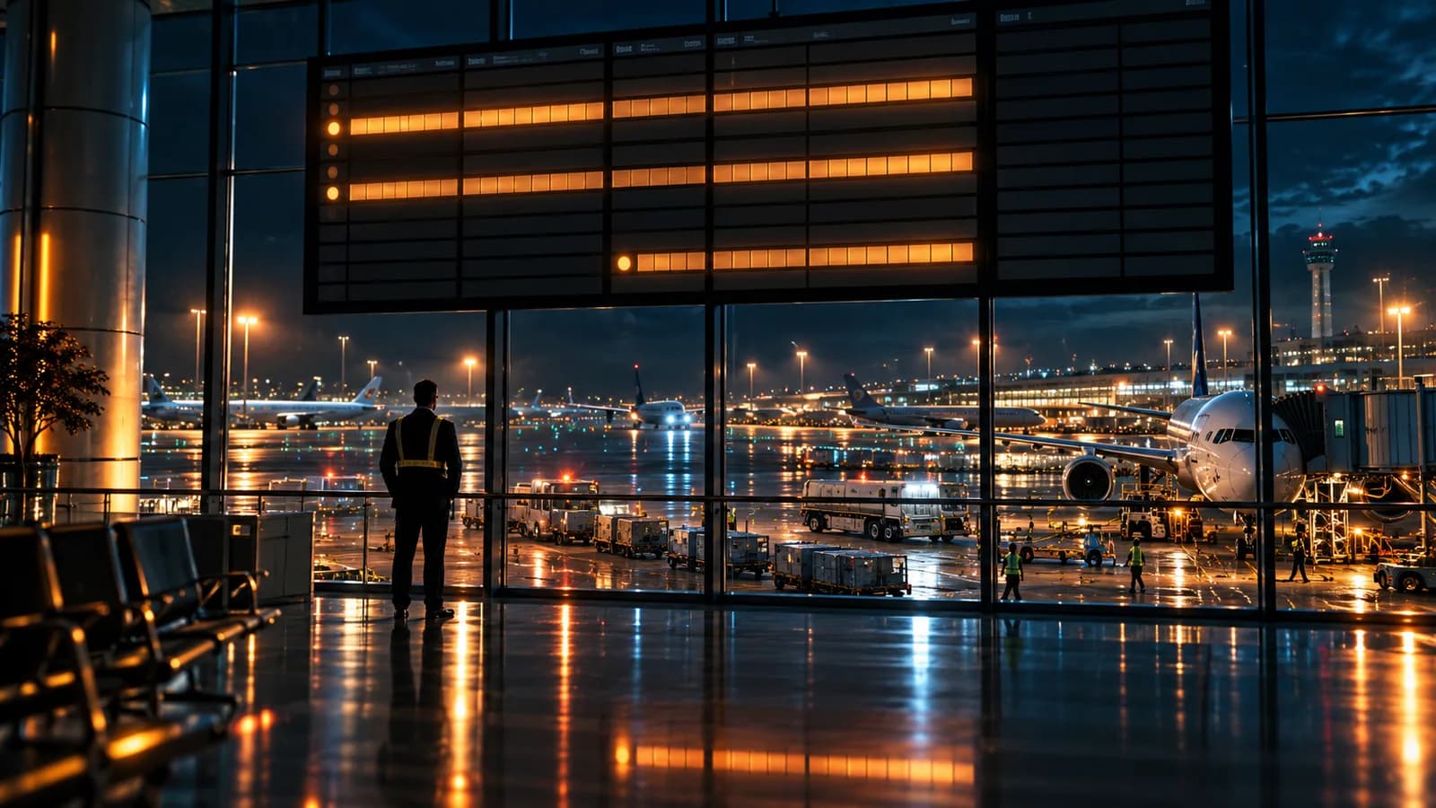 Terminal de aeropuerto de noche con un gran panel de salidas de franjas ámbar y un trabajador con chaleco reflectante de espaldas que mira la plataforma con aviones