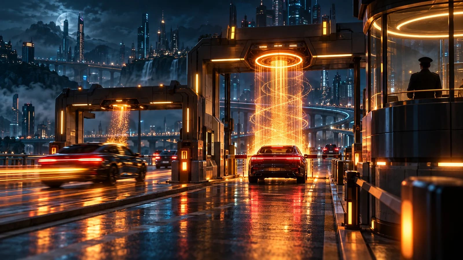 Pórtico de passagem à noite numa cidade futurista, com carros atravessando anéis de luz âmbar que escaneiam cada veículo, e um guarda de quepe observando de costas numa cabine envidraçada