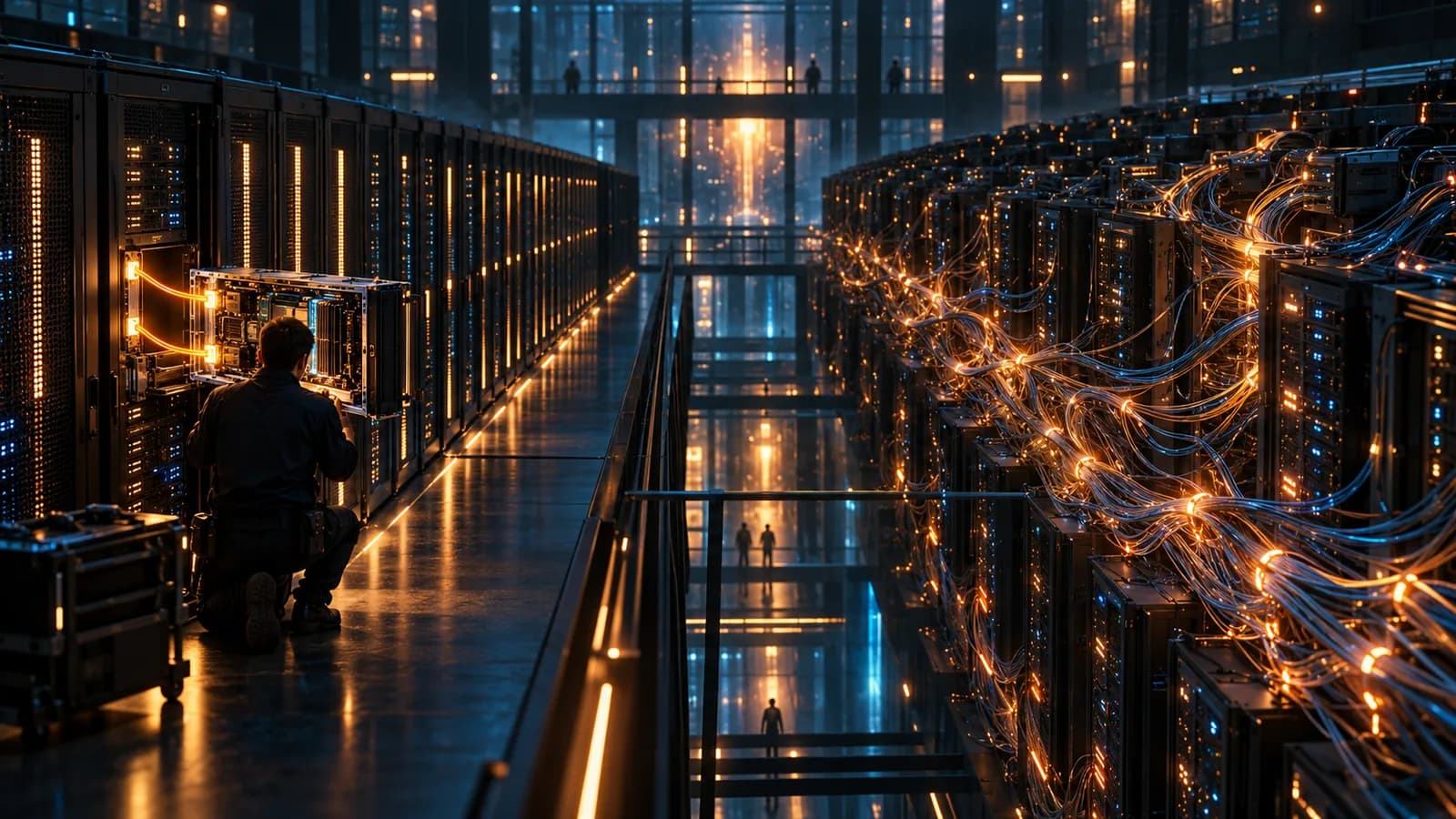 Pasillo de centro de datos de noche con hileras de racks y haces de cables iluminados en ámbar, mientras un técnico agachado de espaldas trabaja en un rack abierto y pequeñas siluetas cruzan pasarelas al fondo